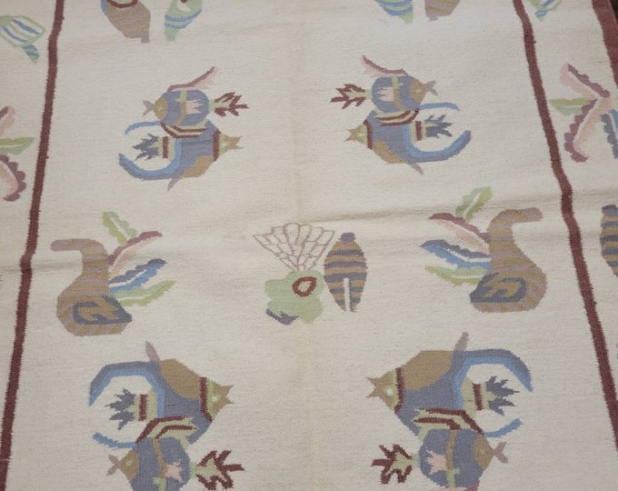 Handwoven Indian Dhurrie rug Flatweav pastel Dhurrie kelim wool Dhurrie rug 4'×6'