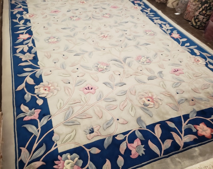 Chinese Art Deco Peking rug  90 line wool hand knotted  rug Aubusson Chinese rug  size 10'×14' oriental rug blue,beige,pink Chinese rug