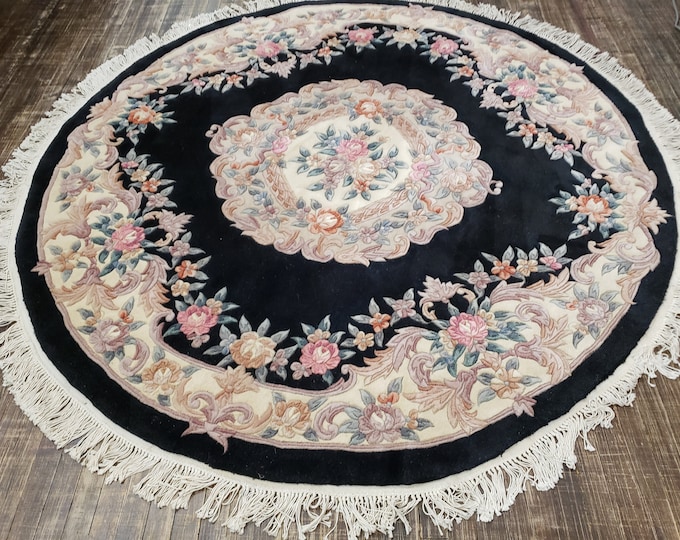 Round Chinese Art Deco Peking Rug Aubusson Chinese rug wool Chinese rug Peking rug pink Round rug wool Chinese rug size 7'×7'
