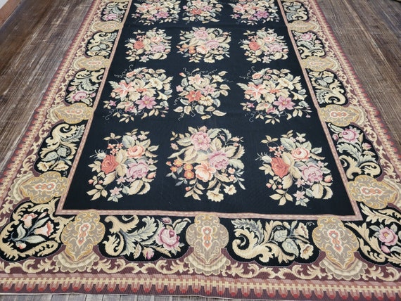 Aubusson rugs  french Aubusson flat wove rug Savanery rug Flemish carpet wool Aubusson rug European rugs,Needlepoint gold Aubusson 8'×10'