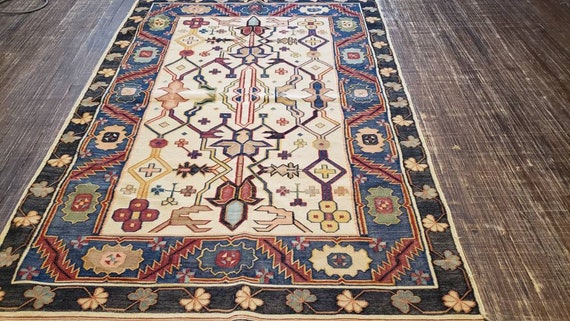 Turkish kelim Flatweav handmade wool rug vintage Flatweav kelim tribal rug geometric design size 4'×6'