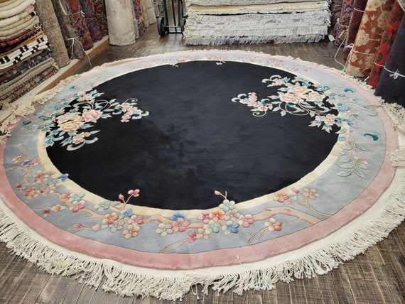 Art Deco Chinese Round Peking Rug Aubusson Chinese rug wool Chinese rug Peking rug black Round rug wool Chinese rug 10'×10'