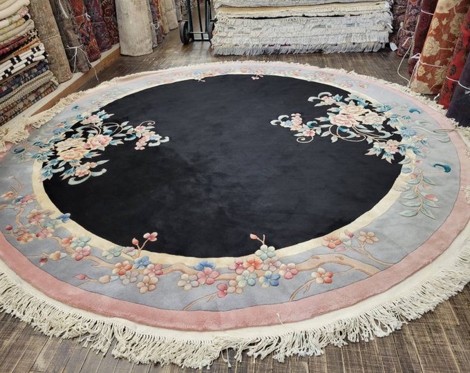 Art Deco Chinese Round Peking Rug Aubusson Chinese rug wool Chinese rug Peking rug black Round rug wool Chinese rug 10'×10'