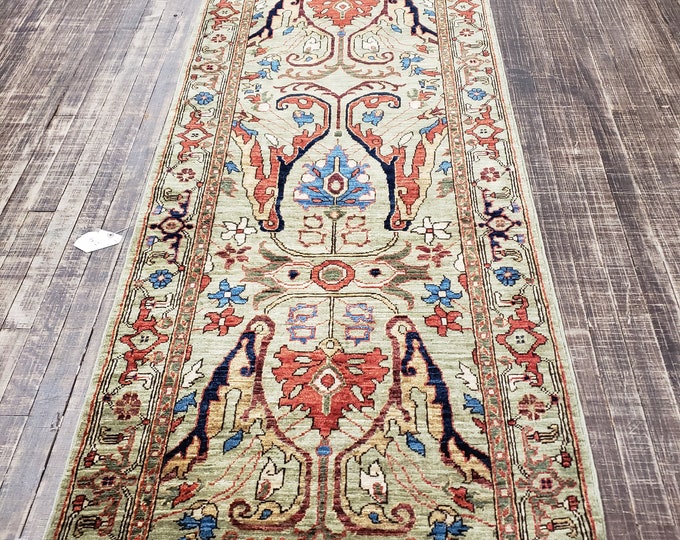 Oushak natural dyes Pakistan Mahal rug runner Antigue design runner wool rug with green background vegetable dyes hand knotted