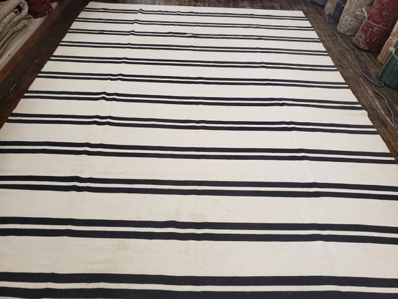 Handwoven Indian Dhurrie rug Flatweav black and white Dhurrie kelim  Dhurrie rug 8'×11'3" cotton Dhurrie modern flat weav rug