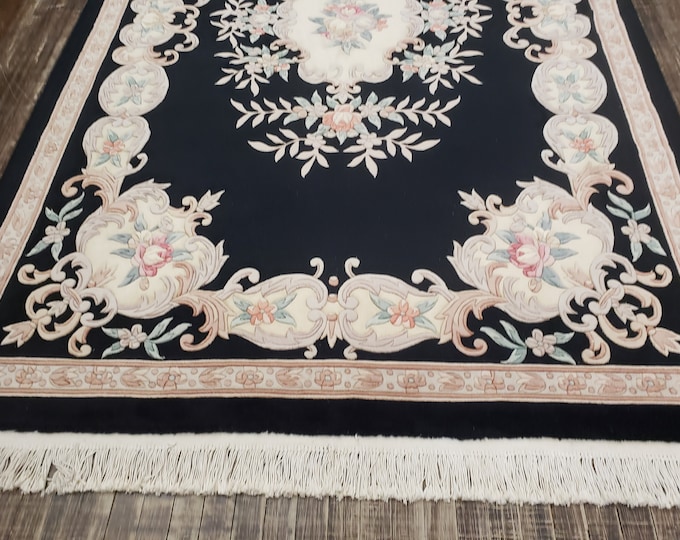 Chinese Art Deco Peking Rug Aubusson  blue Chinese rug wool Chinese rug Peking rug black rug wool Chinese rug black savonnerie carpet 6'×9'