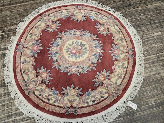 Round Chinese Art Deco Peking Rug Aubusson Chinese rug wool Chinese rug Peking rug Red Round rug wool Chinese rug 5'×5' red Aubusson rug