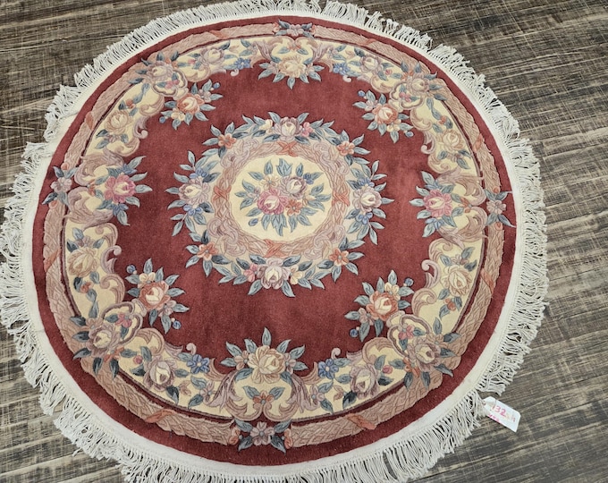 Round Chinese Art Deco Peking Rug Aubusson Chinese rug wool Chinese rug Peking rug Red Round rug wool Chinese rug 5'×5' red Aubusson rug