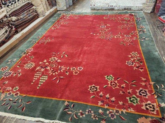 Peking Chinese Antigue  Art Deco vintage Chinese hand knotted wool rug Nicholas Chinese  with  fuchsia & green size 9 x 12