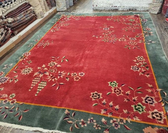 Peking Chinese Antigue  Art Deco vintage Chinese hand knotted wool rug Nicholas Chinese  with  fuchsia & green size 9 x 12
