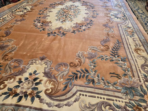 Chinese Art Deco Peking rug  90 line wool hand knotted  rug Aubusson Chinese rug size 12'×18' oriental rug peach&beige Chinese rug