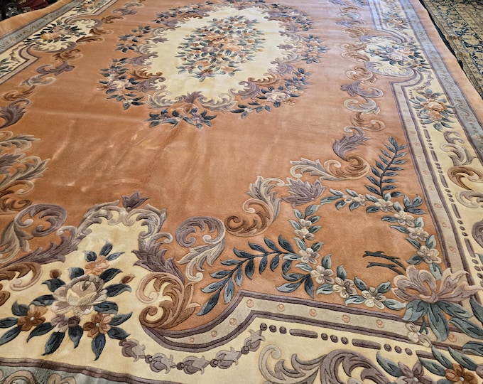 Chinese Art Deco Peking rug  90 line wool hand knotted  rug Aubusson Chinese rug size 12'×18' oriental rug peach&beige Chinese rug