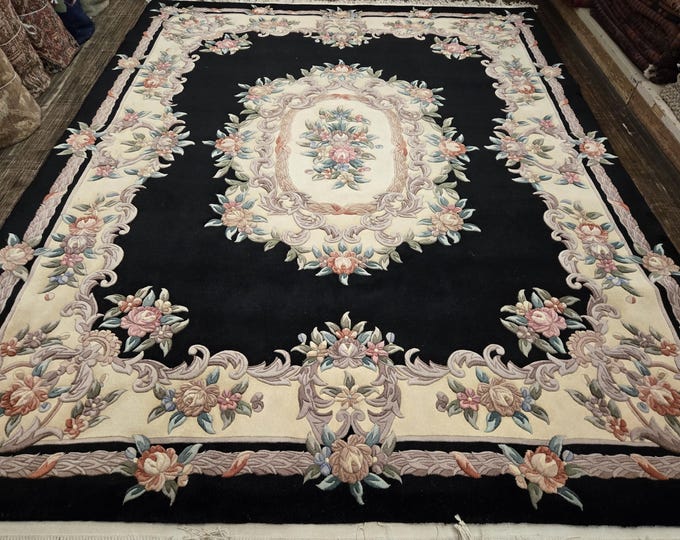 Chinese Art Deco Peking rug  90 line wool hand knotted  rug Aubusson Chinese rug size 8'×10' oriental rug  black&beige Chinese rug