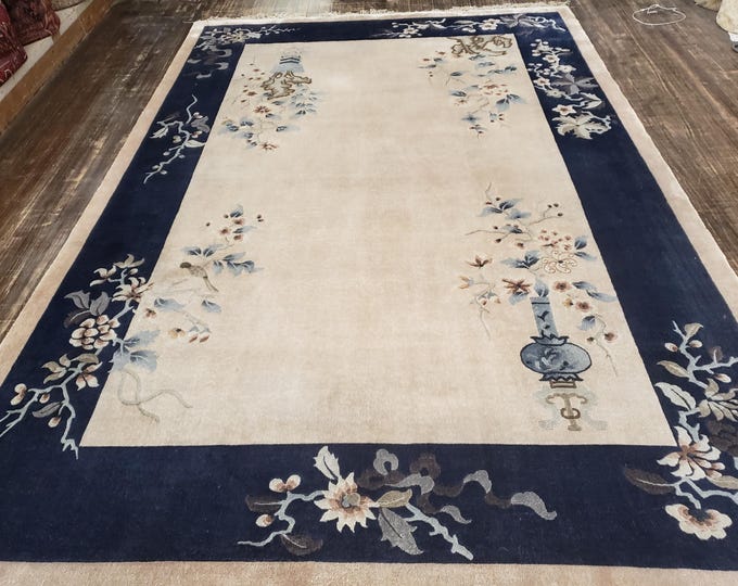 Chinese Art Deco Peking rug  90 line silk hand knotted  rug Aubusson Chinese rug size 6'×9' oriental rug vintage Chinese  silk rug