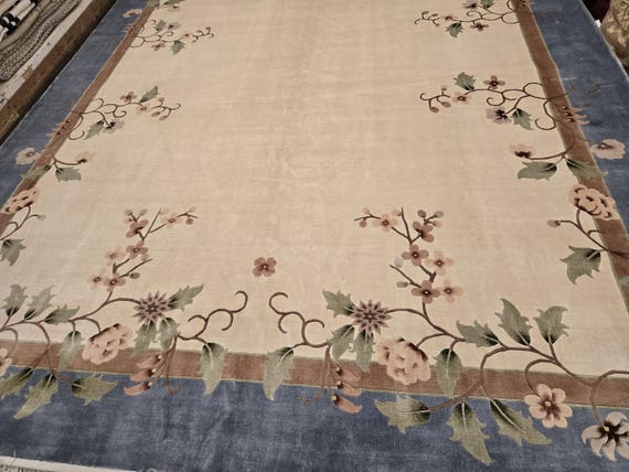 Chinese Art Deco Peking rug  90 line silk hand knotted  rug Aubusson Chinese rug size 9'×12' oriental rug  light blue&beige Chinese rug