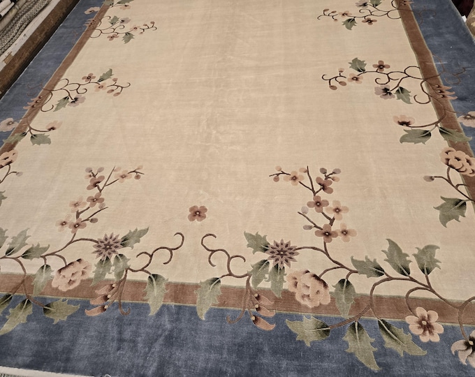 Chinese Art Deco Peking rug  90 line silk hand knotted  rug Aubusson Chinese rug size 9'×12' oriental rug  light blue&beige Chinese rug