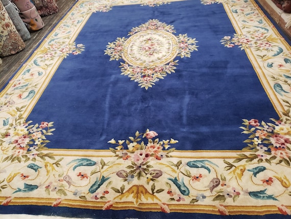 Chinese Art Deco Peking rug  90 line wool hand knotted excellent quality wool vintage rug size 9'×11'5" oriental rug blue&beige Chinese rug
