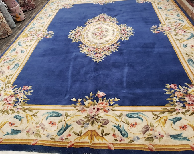 Chinese Art Deco Peking rug  90 line wool hand knotted excellent quality wool vintage rug size 9'×11'5" oriental rug blue&beige Chinese rug
