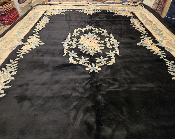 Chinese Art Deco Peking rug  90 line wool hand knotted  rug Aubusson Chinese rug size 12'×18' oriental rug  black&beige Chinese rug