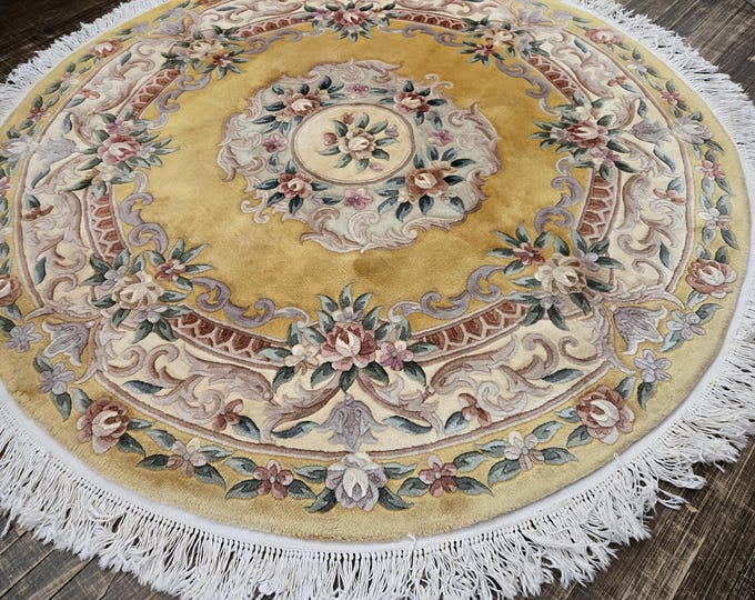 Round Chinese Art Deco Peking Rug Aubusson Chinese rug wool Chinese Peking rug  gold Chinese rug Round rug wool Chinese rug size 6'2"×6'2"