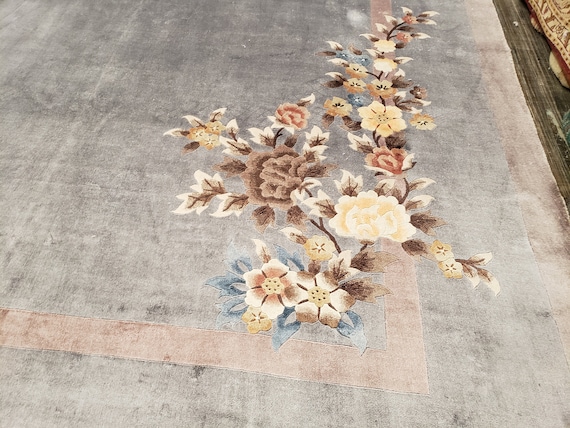 Chinese Art Deco Peking rug  90 line silk hand knotted  rug Aubusson Chinese rug size 9'×12' oriental rug  light gray&rust Chinese rug