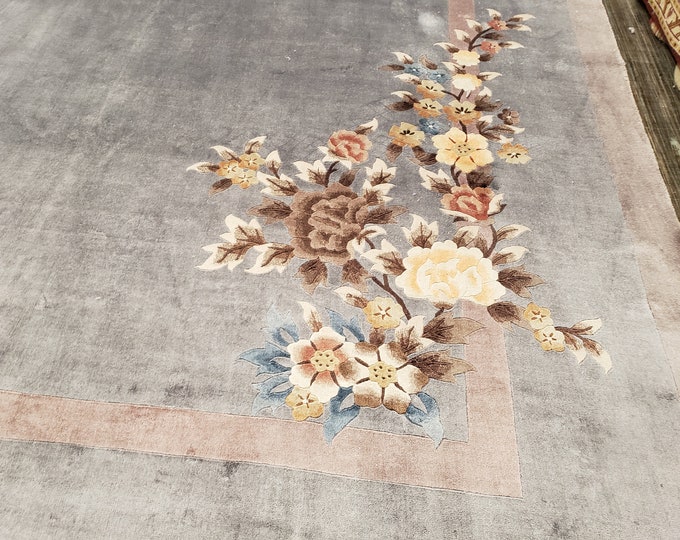 Chinese Art Deco Peking rug  90 line silk hand knotted  rug Aubusson Chinese rug size 9'×12' oriental rug  light gray&rust Chinese rug