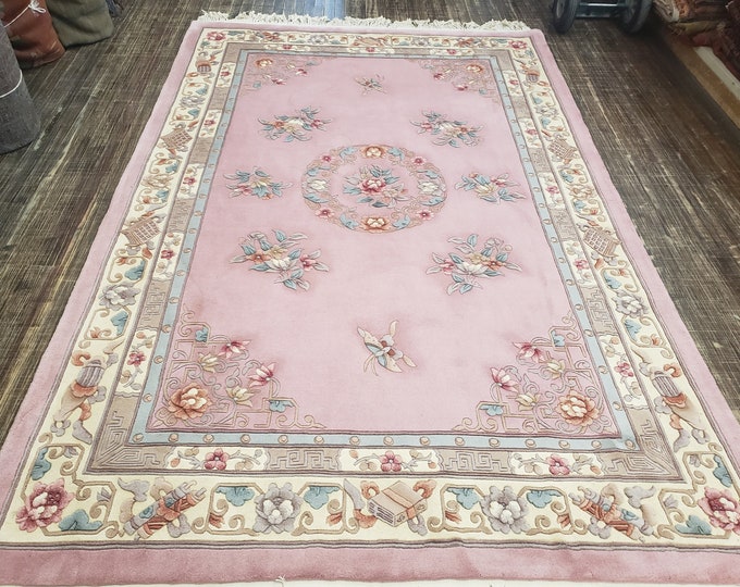 Chinese Art Deco Peking Rug Aubusson  blue Chinese rug wool Chinese rug Peking rug pink rug wool Chinese rug pink savonnerie carpet 6'×9'