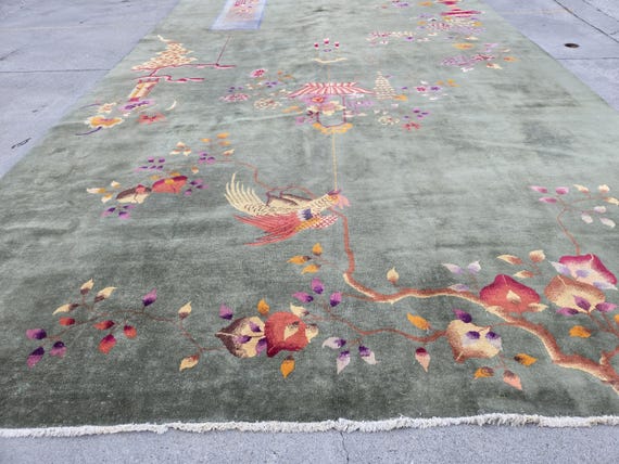 Antique Art Deco Chinese vintage rug hand knotted wool rug with green Nicol Chinese rug background & multi color flowers  size 10'×15'5"