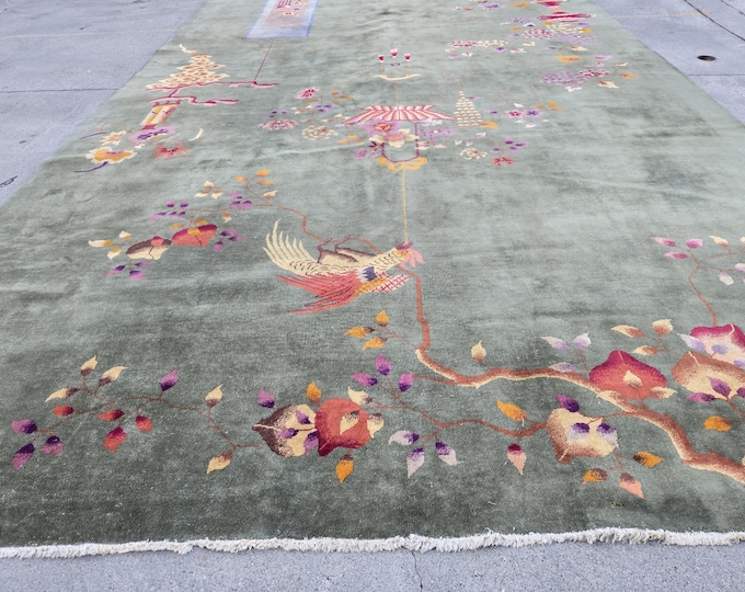Antique Art Deco Chinese vintage rug hand knotted wool rug with green Nicol Chinese rug background & multi color flowers  size 10'×15'5"