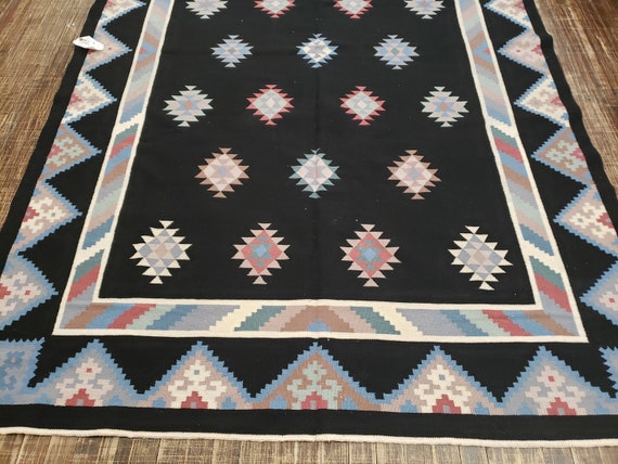 Handwoven Indian Dhurrie rug Flatweav black Dhurrie kelim wool Dhurrie rug 6'×9' Art Deco design Art and crafts design
