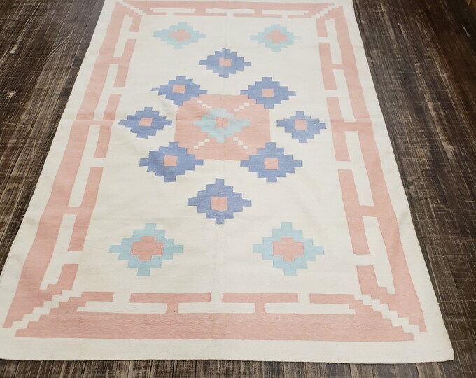 Handwoven Indian Dhurrie rug Flatweav pastel Dhurrie kelim wool Dhurrie rug 4'×6' cotton Dhurrie