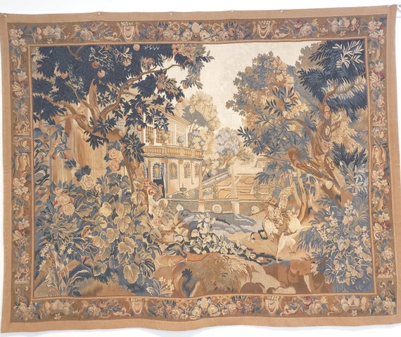 French tapestry wall hanging Aubusson flat wove Savanery rug Flemish tapestry wool Aubusson rug European tapestry 5'1'×6'5" English tapestr