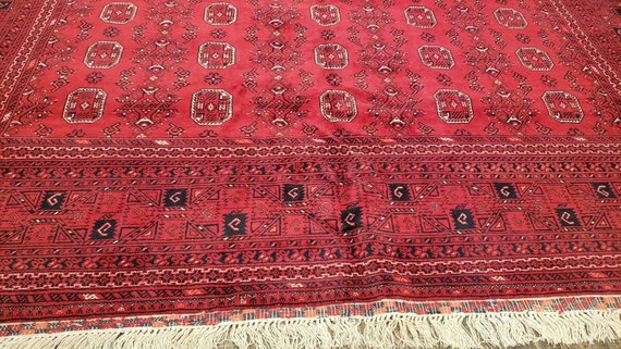 Afgan Turkmen  red Bokhara wool tribal rug vintage rug handwoven oriental geometric rug size 10'×13'