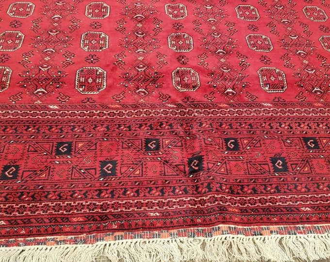 Afgan Turkmen  red Bokhara wool tribal rug vintage rug handwoven oriental geometric rug size 10'×13'