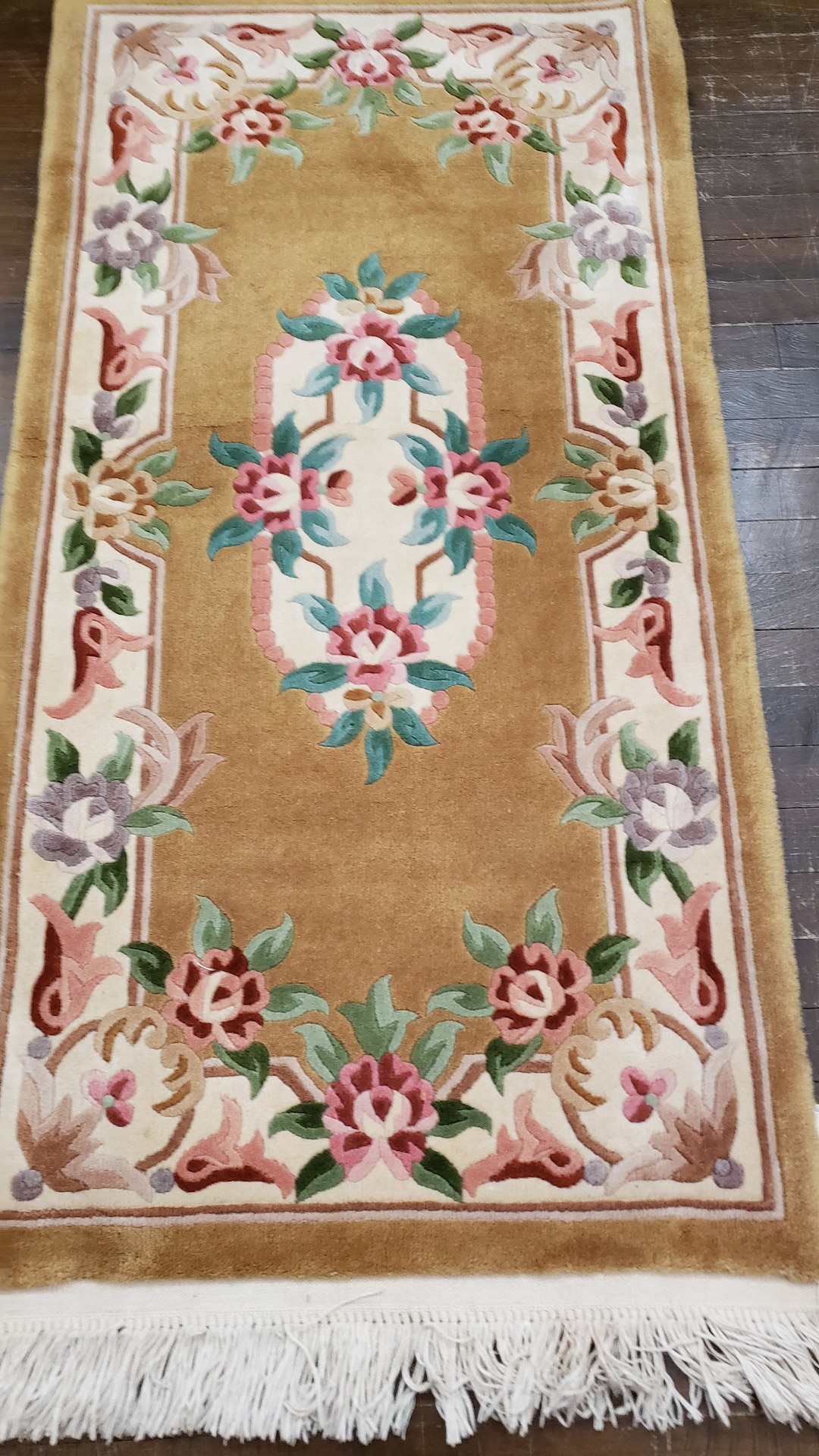Art Deco Peking Rug: Hand-knotted Wool, Gold Beige Floral Design (2'4 ...