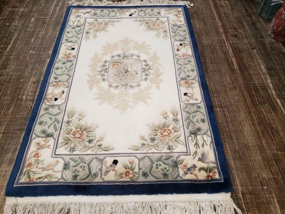 Chinese Art Deco Peking rug 90 line wool hand knotted  rug Aubusson Chinese rug size 4'×6' oriental rug blue & beige Chinese rug with birds