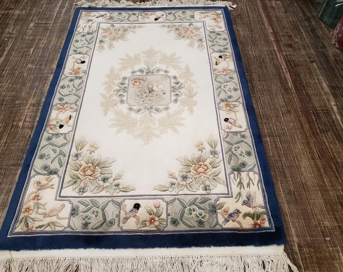 Chinese Art Deco Peking rug 90 line wool hand knotted  rug Aubusson Chinese rug size 4'×6' oriental rug blue & beige Chinese rug with birds