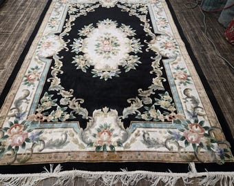 Vintage Chinese Art Deco Silk Rug, Hand-Knotted Aubusson, 5x8