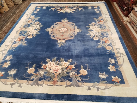 Chinese Art Deco Peking rug  90 line wool hand knotted excellent quality wool vintage rug size 8'×10' oriental rug blue & white rug