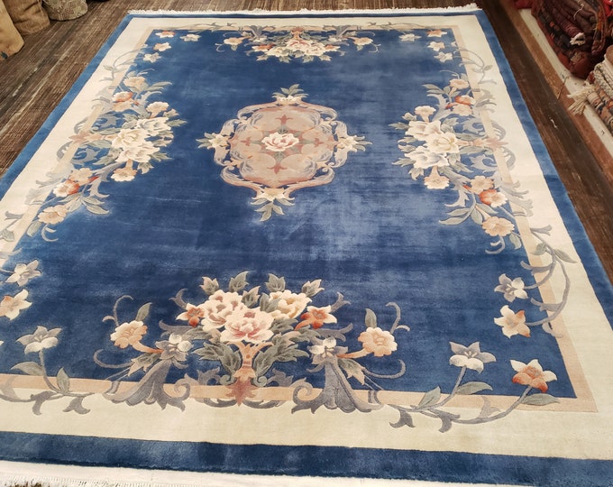 Chinese Art Deco Peking rug  90 line wool hand knotted excellent quality wool vintage rug size 8'×10' oriental rug blue & white rug
