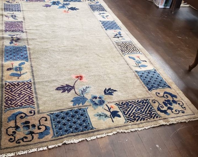 Peking Chinese Art Deco hard knotted wool rug with gray feld with multi colors border with indigo blue and pink this rug measures 4'×6'10"