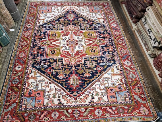 vintage indo Heriz distress rug tribal gometric rug navy blue gometric rug vintage Heriz