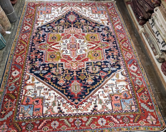 vintage indo Heriz distress rug tribal gometric rug navy blue gometric rug vintage Heriz