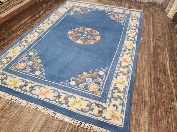 Indo Chinese Art Deco Peking rug  90 line wool hand knotted  rug Aubusson Chinese rug size 6'×9' oriental rug Indo Aubusson rug green rug