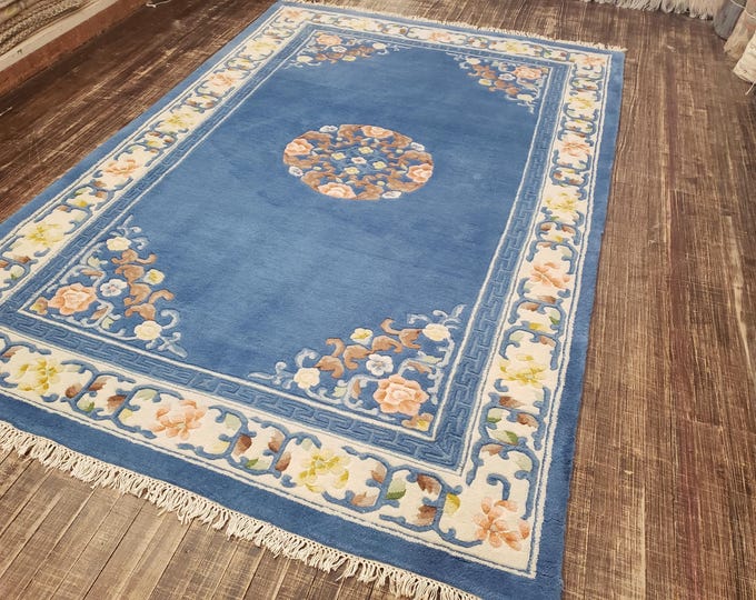 Indo Chinese Art Deco Peking rug  90 line wool hand knotted  rug Aubusson Chinese rug size 6'×9' oriental rug Indo Aubusson rug green rug