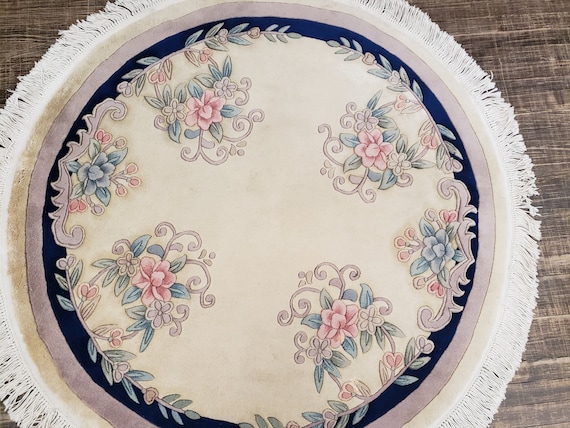 Round Chinese Art Deco Peking Rug Aubusson Chinese rug wool Chinese rug Peking rug blue and beige Round rug wool Chinese rug size 5'×5'