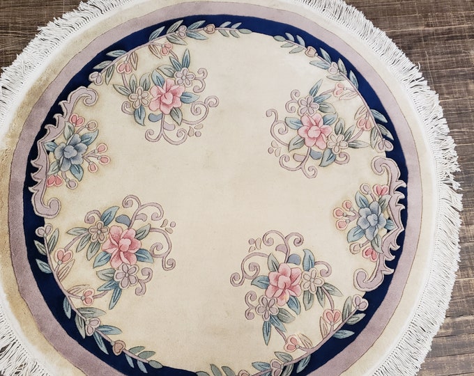 Round Chinese Art Deco Peking Rug Aubusson Chinese rug wool Chinese rug Peking rug blue and beige Round rug wool Chinese rug size 5'×5'