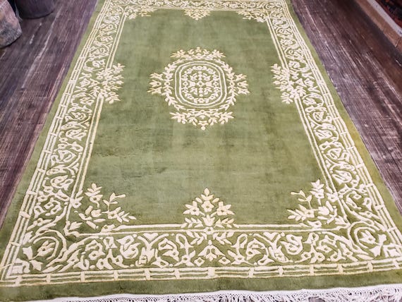 Indo Chinese Art Deco Peking rug  90 line wool hand knotted  rug Aubusson Chinese rug size 6'×9' oriental rug Indo Aubusson rug green rug