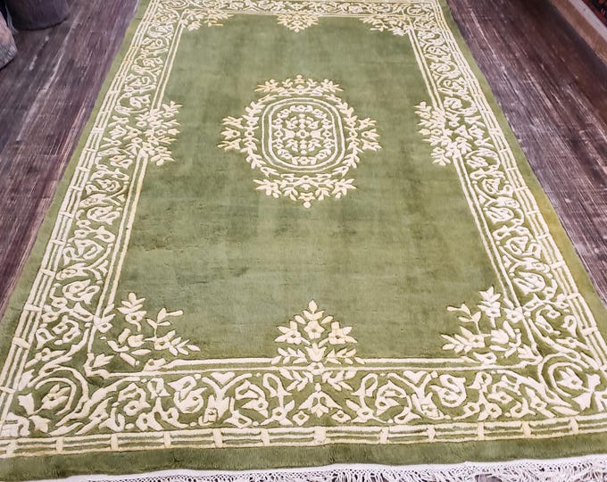Indo Chinese Art Deco Peking rug  90 line wool hand knotted  rug Aubusson Chinese rug size 6'×9' oriental rug Indo Aubusson rug green rug