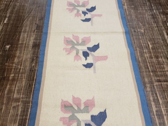 Handwoven Indian Dhurrie rug Flatweav pastel Dhurrie kelim wool Dhurrie rug 2'7×8' runner